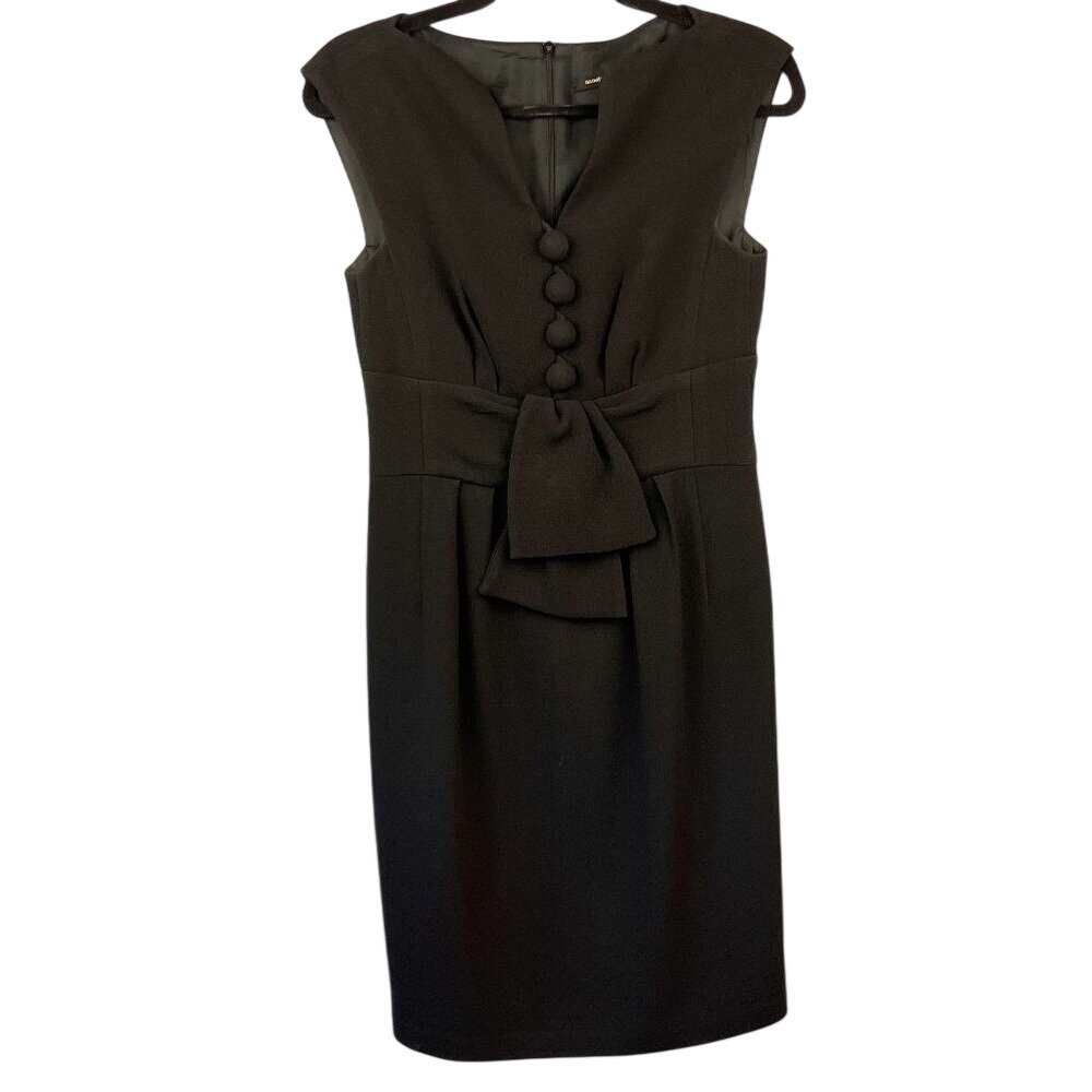 Nanette Lepore Black Cap Sleeves Large Button‎ Front Bow Sheath Dress SZ 4 LBD